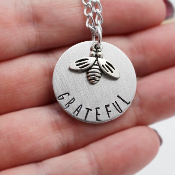 Bee Grateful - Hand Stamped Bee Necklace - Handmade & Hypoallergenic - Picture 5 of 6